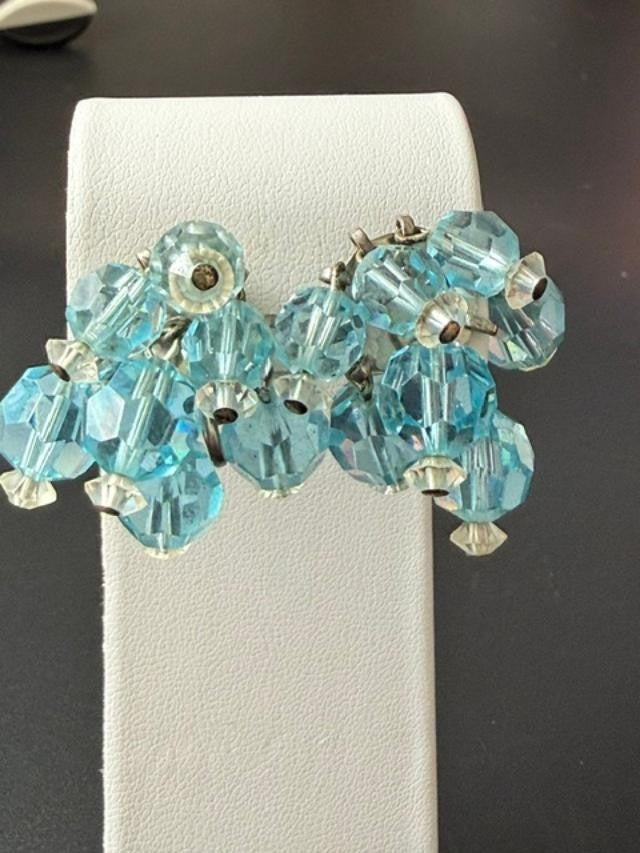 Vintage Baby Blue Glass Crystal Cluster Beaded Clip On Earrings Classy Lady