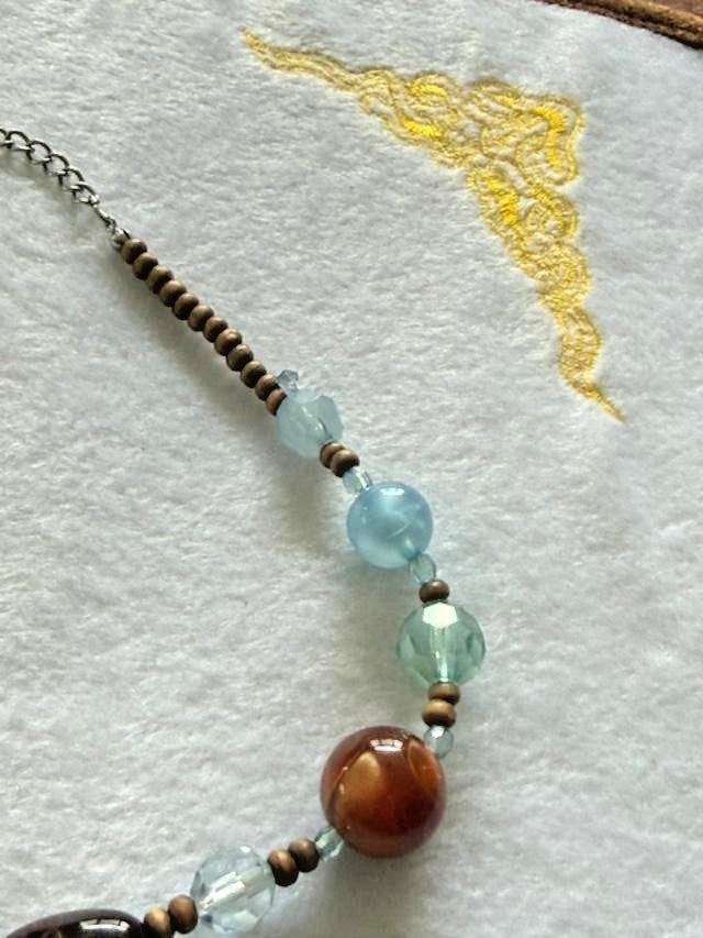 Boho Wood Donut Pendant Beaded Necklace Aqua Brown Glass Beads 20"