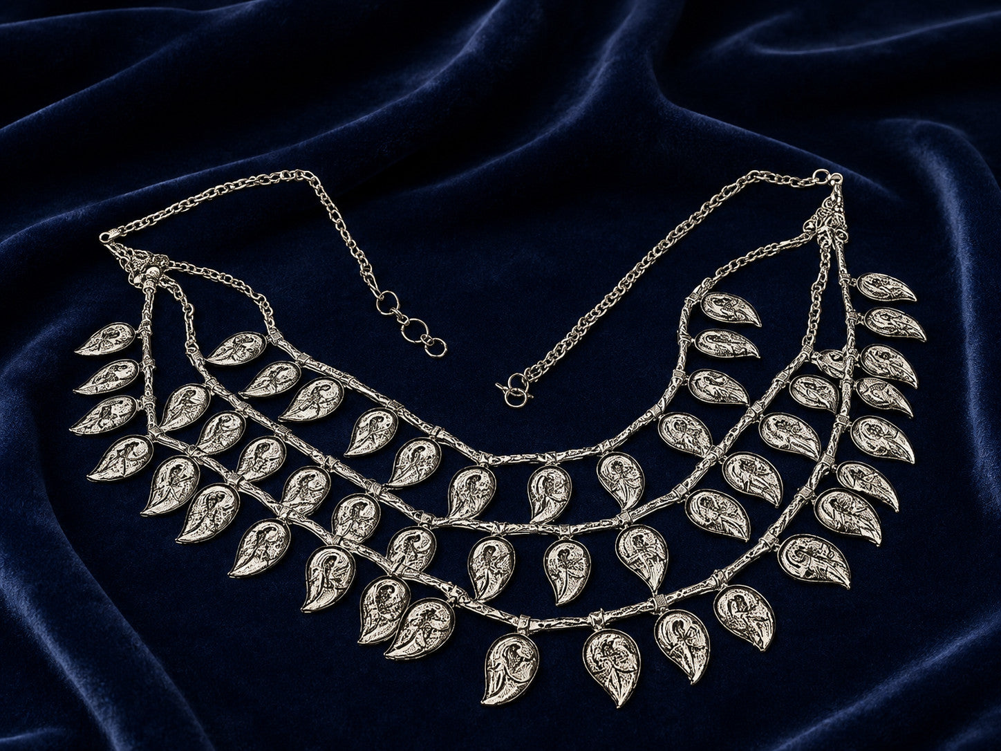 Oxidized Silver Tone Multi Strand Paisley Leaf Bib Necklace 23 Inch Boho