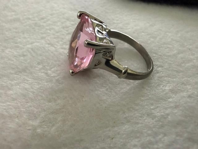 Pink Heart Cut CZ Glass Solitaire Ring Silver Tone Size 10 Statement Ring