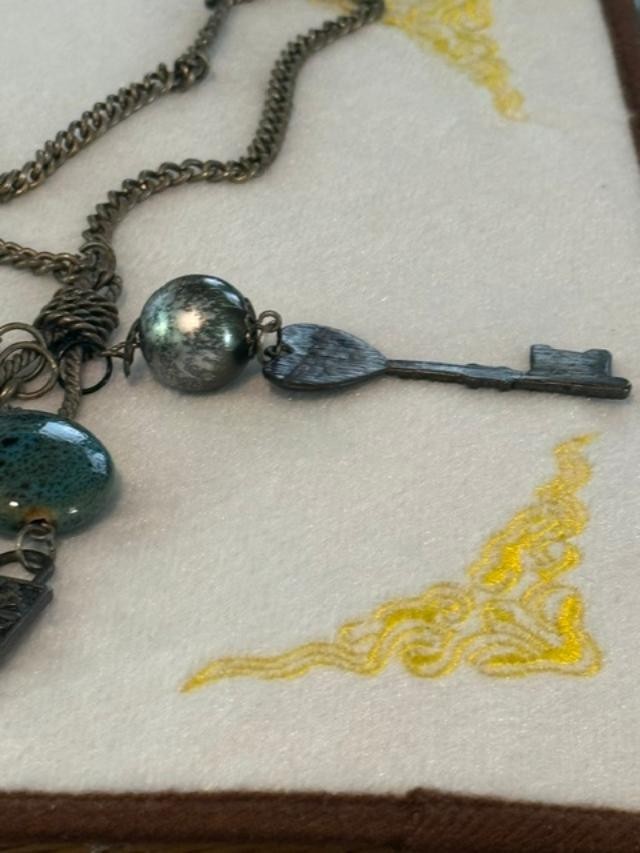 Vintage VCLM Lee Mode Key Heart Charm Necklace 27" Teal Bead Boho