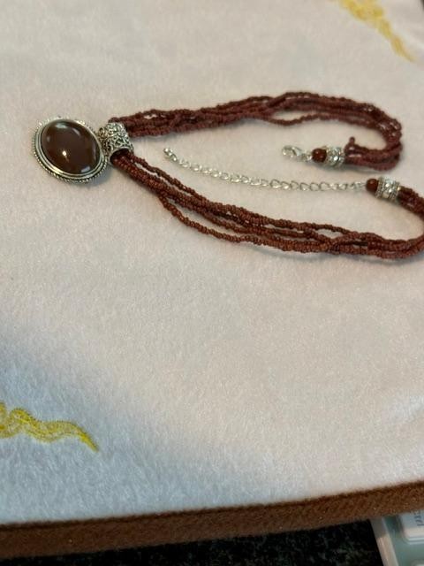 Vintage Brown Seed Bead Multi Strand Glass Cabochon Pendant Necklace 17"