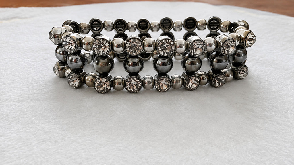 Silver Tone Multi Row Stretch Bracelet Clear Rhinestones Beaded Cuff 3/4" Wide