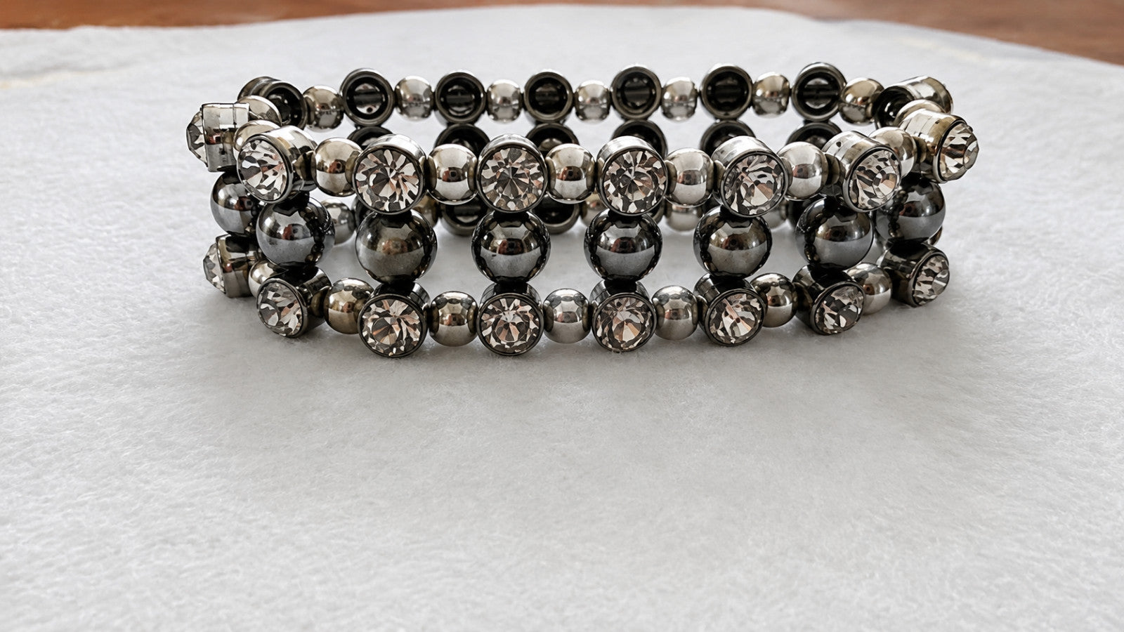 Silver Tone Multi Row Stretch Bracelet Clear Rhinestones Beaded Cuff 3/4" Wide