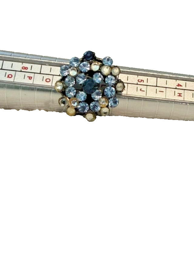 Blue Rhinestone Cluster Stretch Ring Adjustable Gunmetal Tone Size 6+