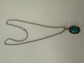 Faux Turquoise Cabochon Filigree Pendant Necklace Silver Tone 25 in