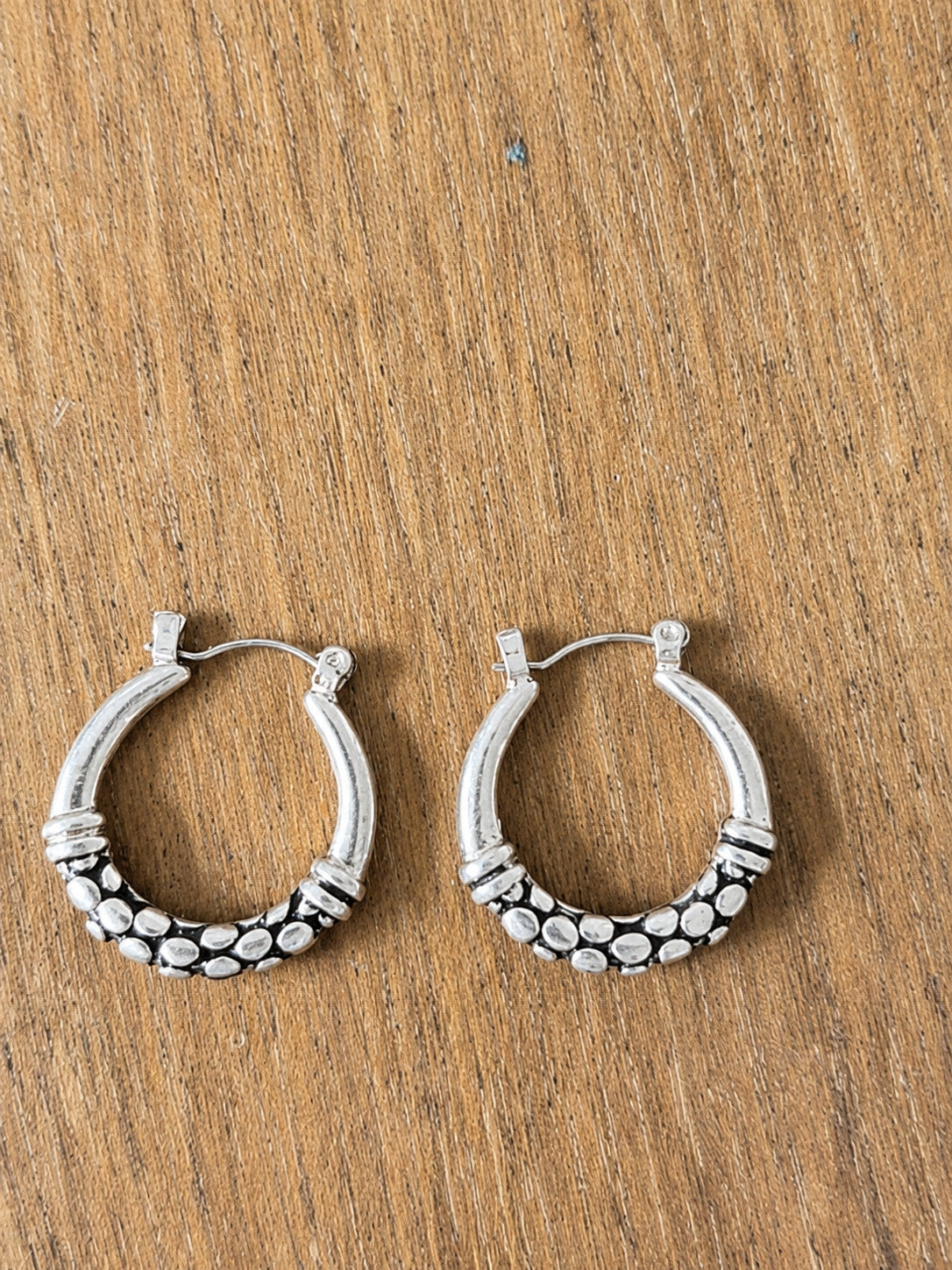 Silver Tone Textured Double Circle Fishhook Dangle Earrings Unmarked