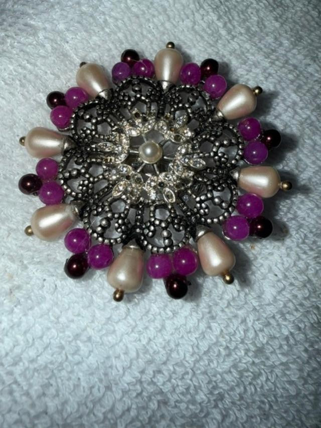 OOAK Upcycled Statement Brooch Faux Pearl Purple Bead Rhinestone Filigree Pin 2"