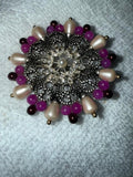 OOAK Upcycled Statement Brooch Faux Pearl Purple Bead Rhinestone Filigree Pin 2"
