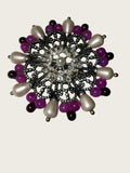 OOAK Upcycled Statement Brooch Faux Pearl Purple Bead Rhinestone Filigree Pin 2"