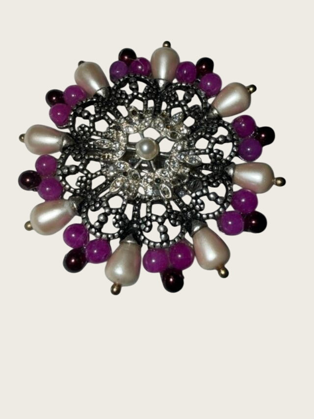 OOAK Upcycled Statement Brooch Faux Pearl Purple Bead Rhinestone Filigree Pin 2"