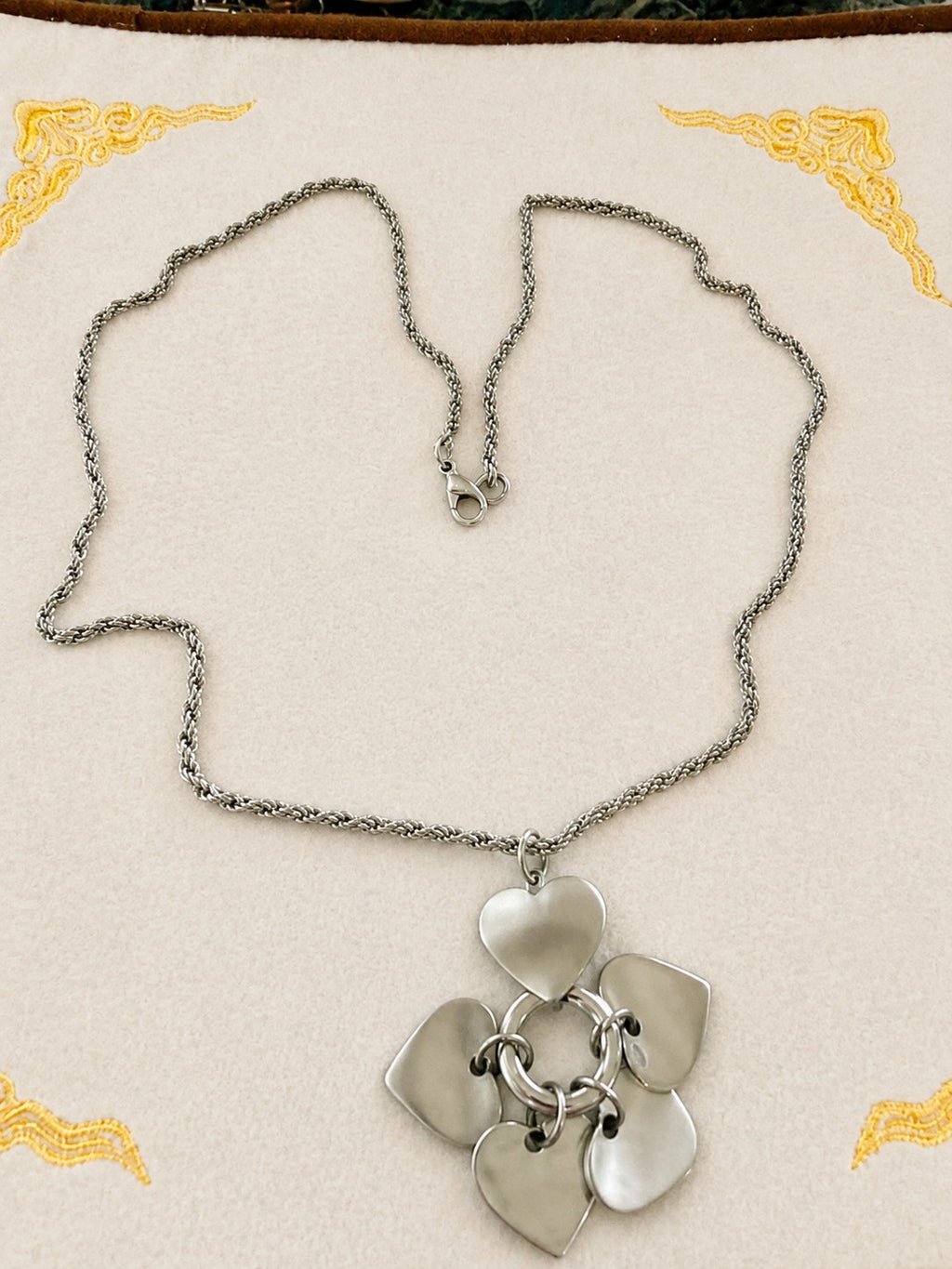 Silver Tone Five Heart Cluster Pendant Rope Chain Necklace 30 Inch