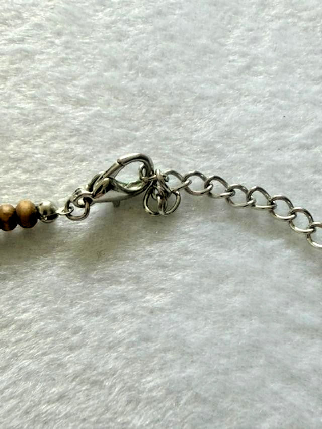 Boho Wood Donut Pendant Beaded Necklace Aqua Brown Glass Beads 20"