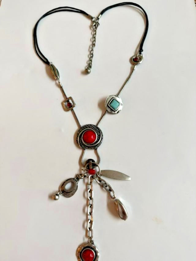 Boho Silver Tone Red Turquoise Color Cabochon Lariat Necklace 26
