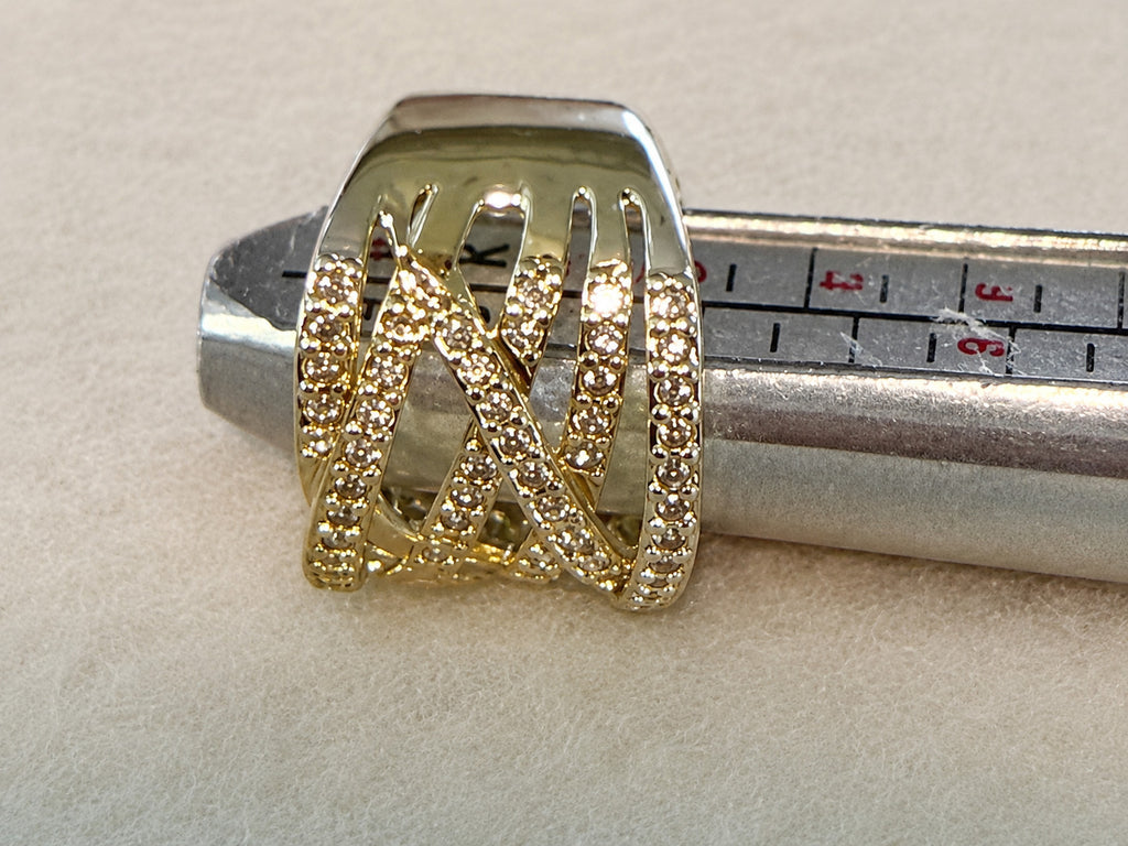 Gold Tone Clear Rhinestone Crisscross Wide Band Ring Size 6.5
