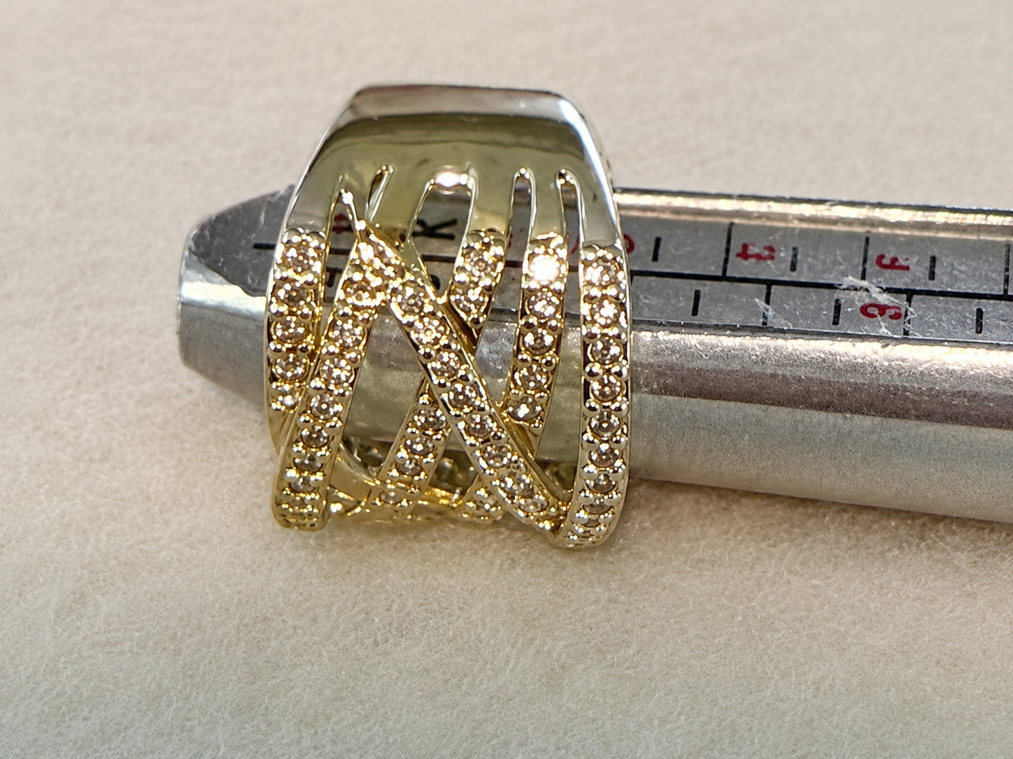 Gold Tone Clear Rhinestone Crisscross Wide Band Ring Size 6.5