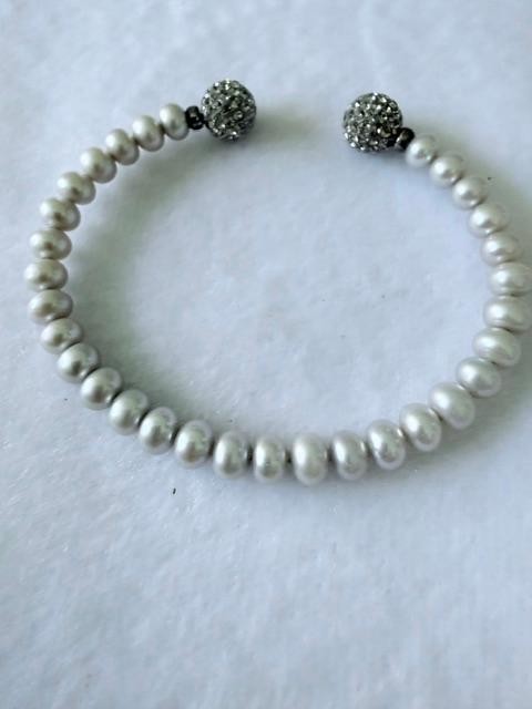 White Faux Pearl Open Cuff Bracelet Rhinestone Pavé Ball Ends Silver Tone