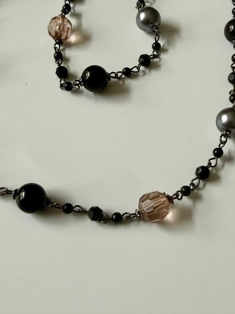 36” Black Gray Blush Pink Beaded Station Necklace No Clasp Opera Length  Conditi