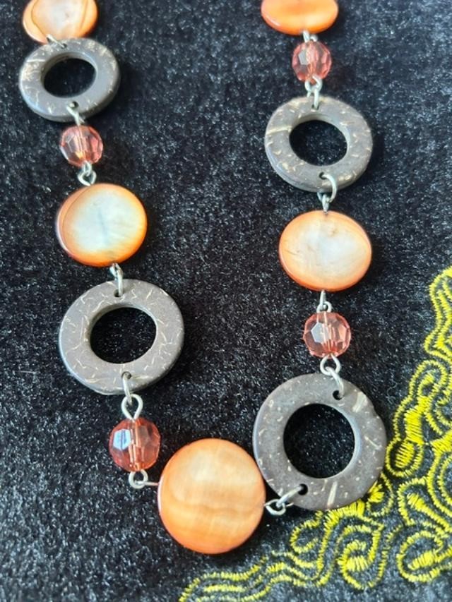 Amber Brown Black Acrylic Ring Bead Long Slipover Statement Necklace 36"