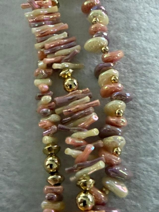 Vintage 27" Pink AB Shell Chip 3 Strand Statement Necklace Gold Tone Boho