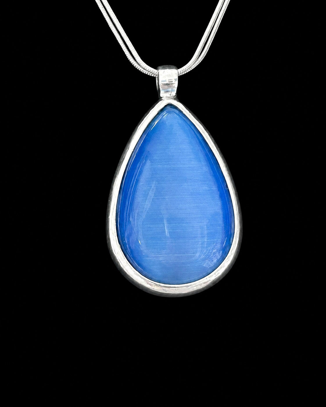 Blue Cat’s Eye Glass Teardrop Pendant Double Snake Chain Necklace 19"