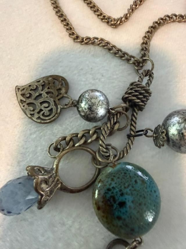 Vintage VCLM Lee Mode Key Heart Charm Necklace 27" Teal Bead Boho