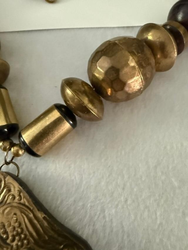Artisan Boho Statement Necklace Large Baroque Cameo Style Pendant Brass Tone 24