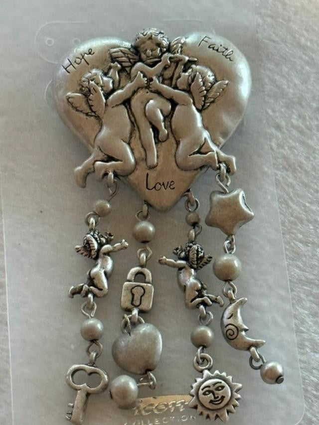Cherub Hope Love Faith Dangle Drop Heart Brooch Pendant Vintage Silver Tone 3.5"