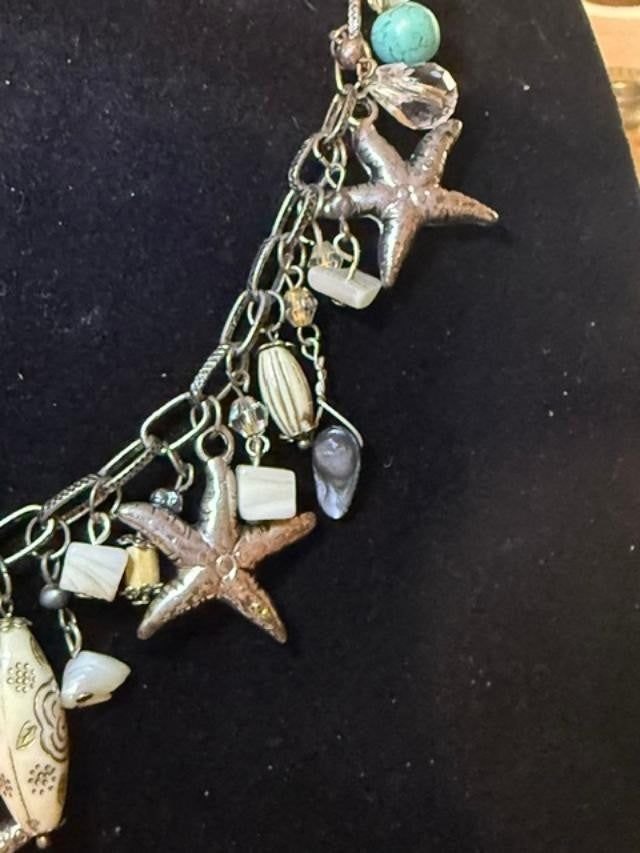 Boho Beach Charm Necklace Silver Tone Starfish Shell Faux Turquoise Coastal Stat