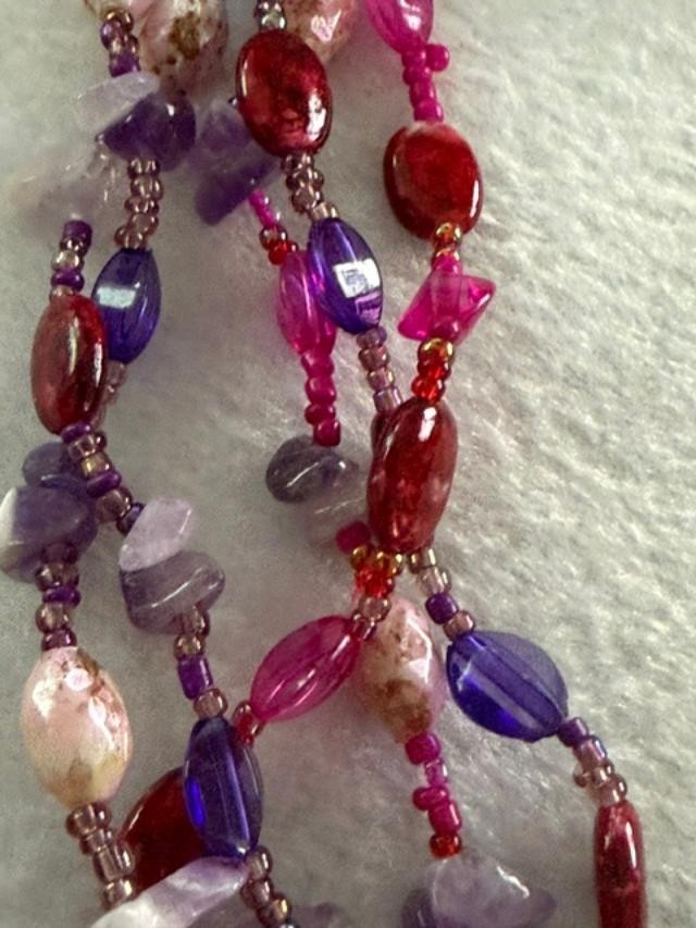 Multi Strand Boho Beaded Necklace Matching Earrings Purple Pink Set 30 inch