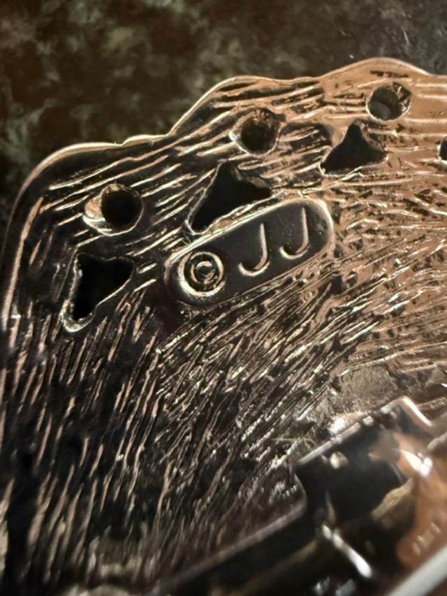 Vintage JJ Jonette Pewter Fish Brooch Articulated Tail AB Rhinestone Eye