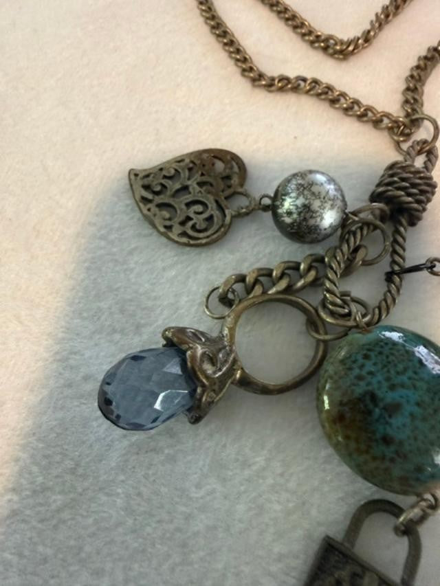 Vintage VCLM Lee Mode Key Heart Charm Necklace 27" Teal Bead Boho