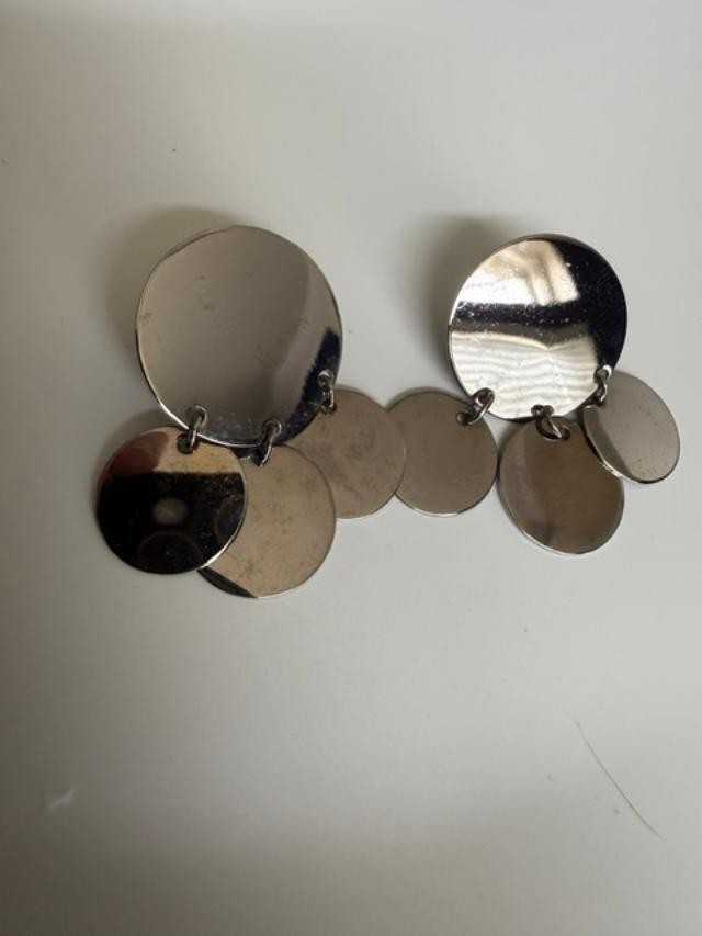 silver-tone disc dangle earrings with a modern sequin / coin-disc chandelier sty