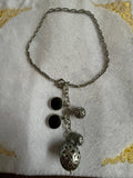 Silver Tone Black Cabochon Filigree Ball Y Drop Toggle Necklace 17in
