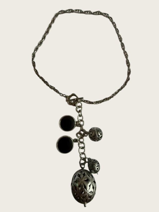 Silver Tone Black Cabochon Filigree Ball Y Drop Toggle Necklace 17in