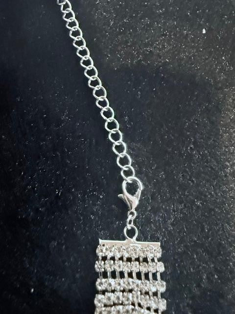 Silver Tone Clear Rhinestone Woven Mesh Choker Necklace Adjustable 17"