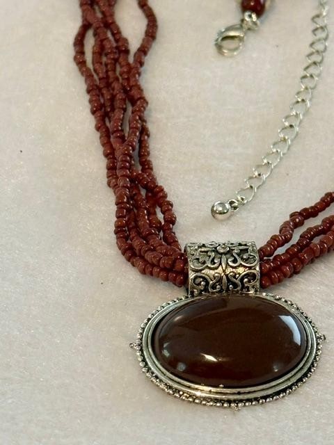 Vintage Brown Seed Bead Multi Strand Glass Cabochon Pendant Necklace 17"