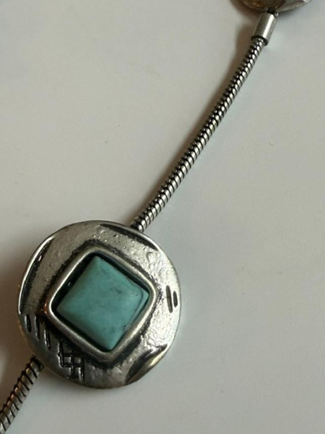 Boho Silver Tone Red Turquoise Color Cabochon Lariat Necklace 26