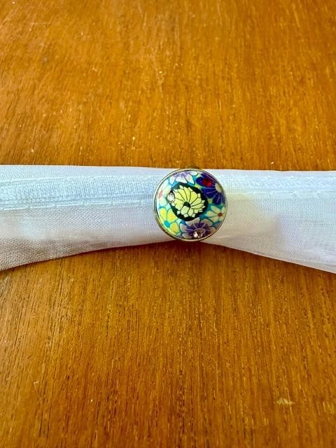 Vintage Butterfly Floral Enamel Rhinestone Adjustable Statement Ring Size 7.5