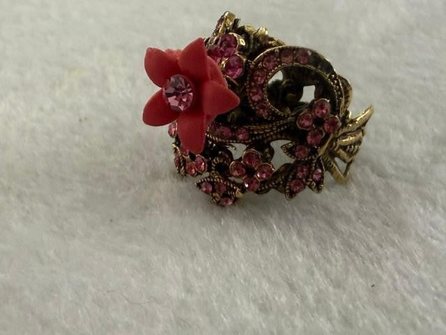 Tiara Misu Pink Rhinestone Flower Adjustable Cocktail Ring Gold Tone