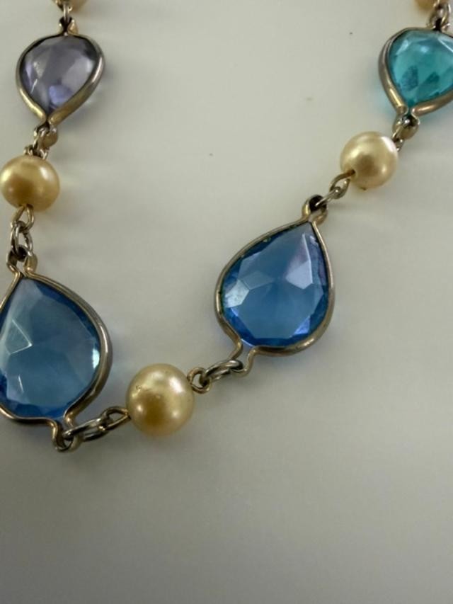 Long Multicolor Teardrop Glass Faux Pearl Station Necklace 54"