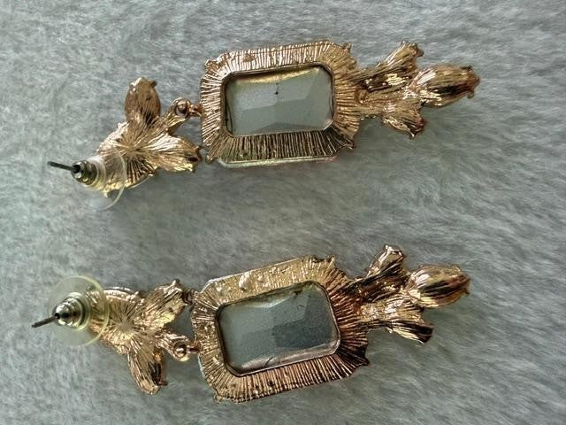 Peach Champagne Rhinestone Statement Drop Earrings Gold Tone 2.5"
