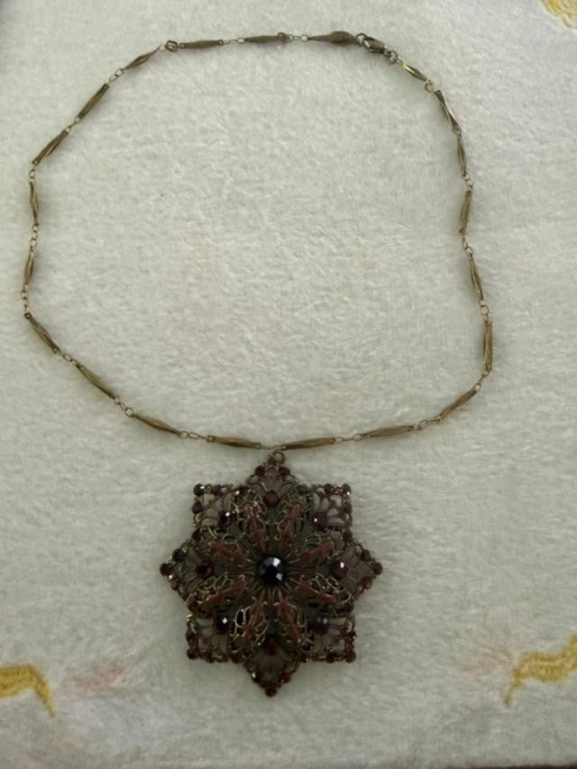 Anne Koplik Designs Filigree Flower Pendant Necklace Red Rhinestone 19"