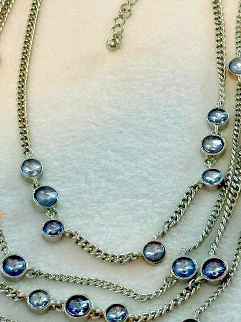 Chico’s Linda Illusion Blue Crystal Multi Strand Necklace Silver Tone 21"