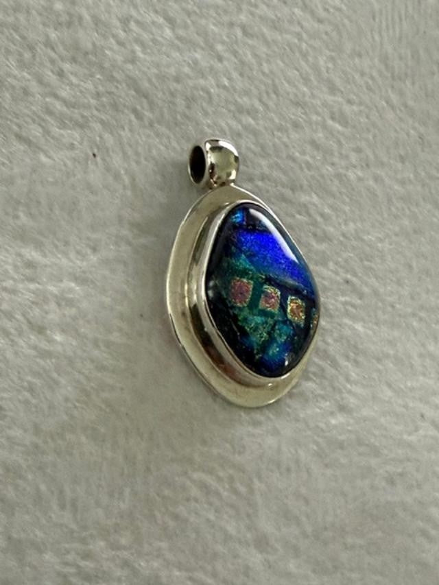 Mexico 925 Sterling Silver Dichroic Glass Pendant Blue Green Teardrop 1.25"