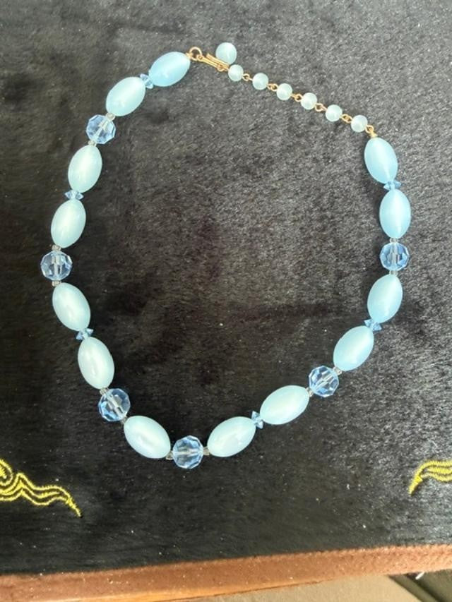 Vintage Necklace Gold Tone Blue Glass Bead 36"