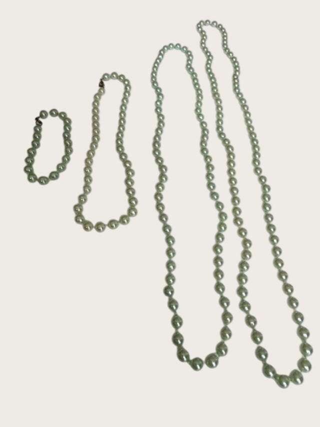 Pale Green Faux Pearl Necklace Bracelet Set Lot Seafoam Costume Jewelry