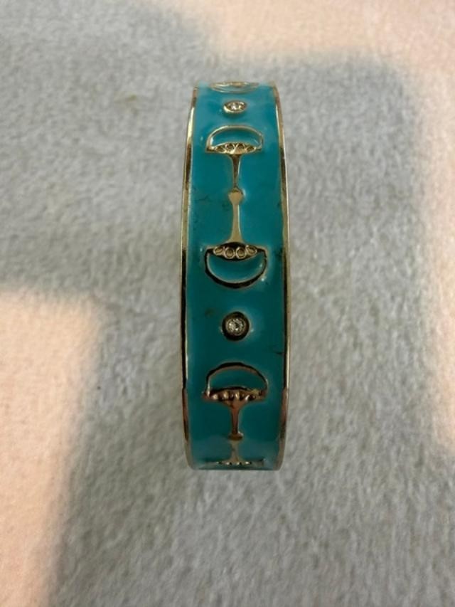 Vintage Turquoise Enamel Rhinestone Hinged Bangle Bracelet Gold Tone se