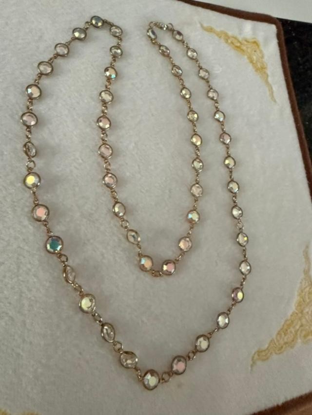 Gold Tone Aurora Borealis Crystal Station Necklace 17" Faceted No Clasp