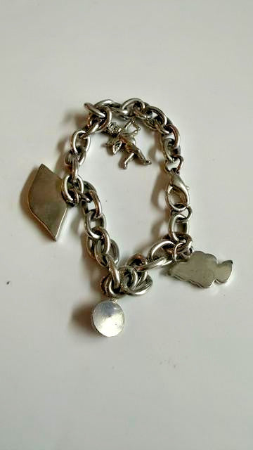 Silver Tone Cherub Angel Rose Pink Crystal Enamel Charm Bracelet